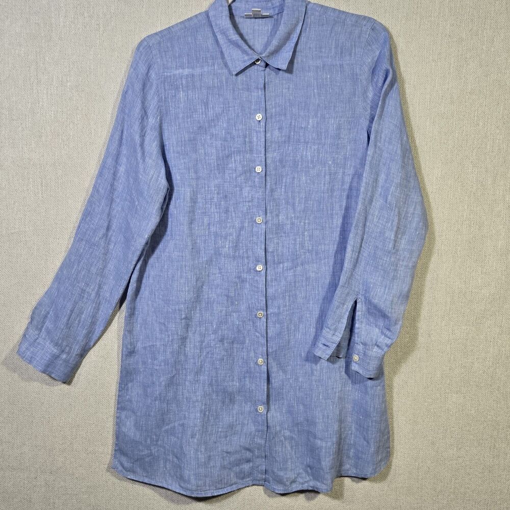 J. Jill Light Blue Linen Button-Down Tunic Shirt